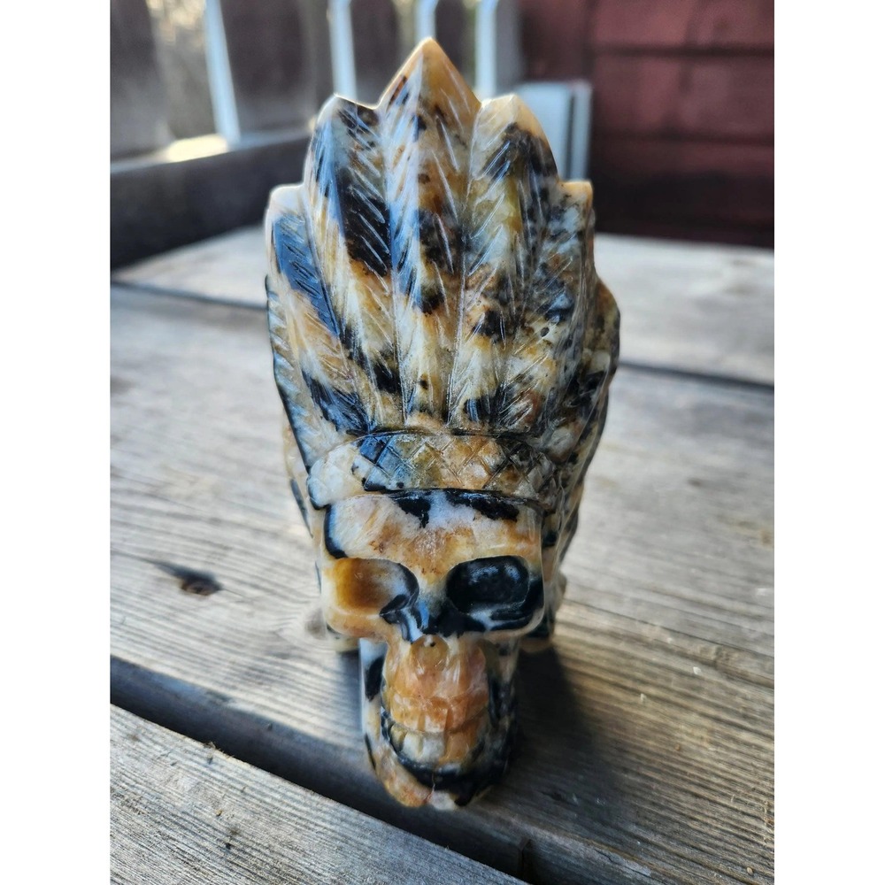 Chalcedony Skull with Feathers | Carved Crystal, Earth Tones